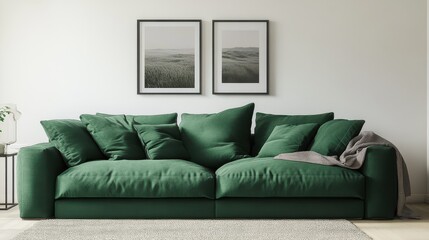 A living room interior featuring a white wall with an empty poster, showcasing a minimalist design.