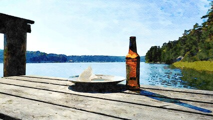 An empty beer bottle and an empty plate on a table at the dock on the water.