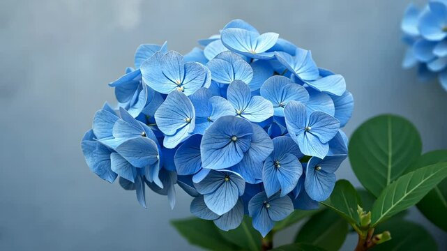  Cluster of blue hydrangea flowers with soft focus background