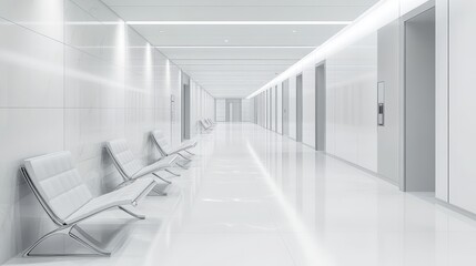 Obraz premium A luxurious white building corridor interior featuring modern waiting chairs, highlighting the sleek and sophisticated design.