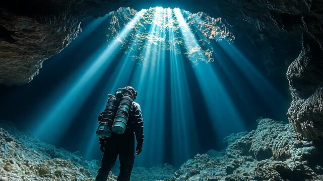 Diver in underwater cave, sun rays, exploring, adventure, unique