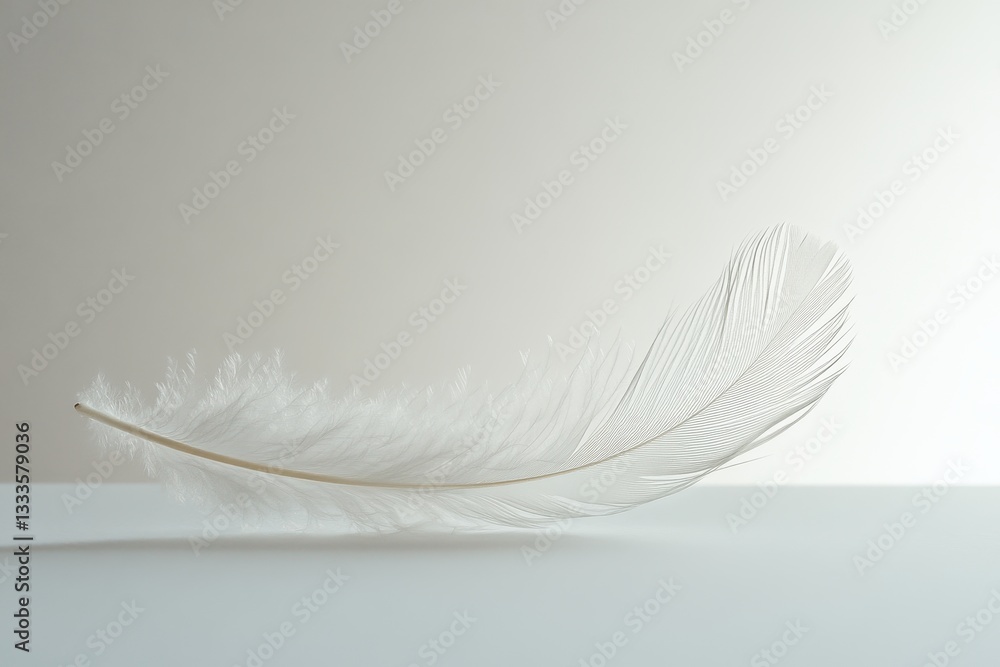 Poster softness and purity: a delicate white feather lies gently on a smooth surface, its graceful curve an