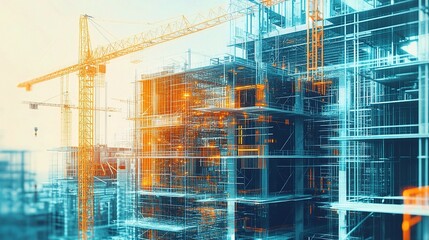 Digital Illustration of Building Construction with Crane and Scaffolding
