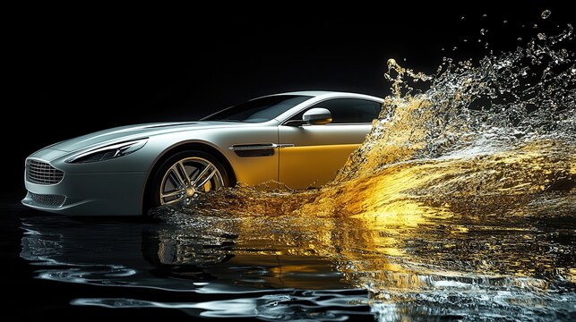 A luxury car with a dramatic splash of lubricating oil, emphasizing the importance of oil lubrication in maintaining high-performance vehicles.