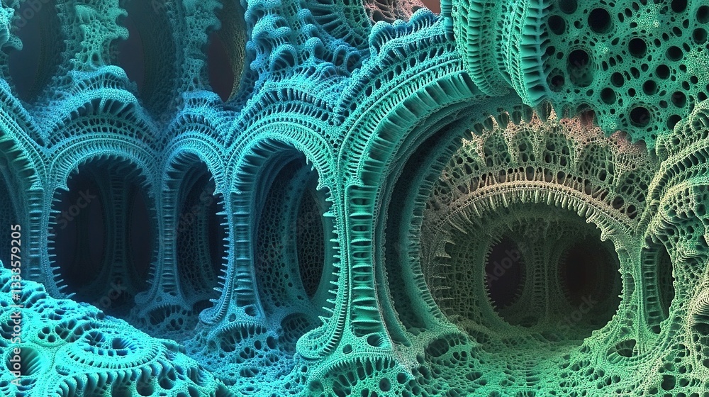 Poster intricate fractal design with glowing blue patterns and details
