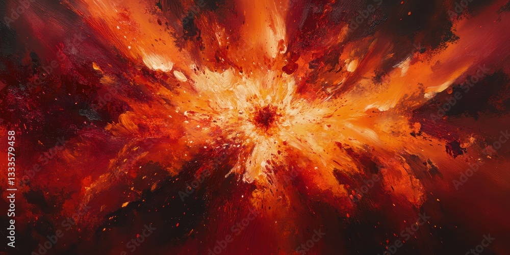Poster celestial burst of fire: an abstract depiction of a fiery explosion, with a vibrant core radiating i