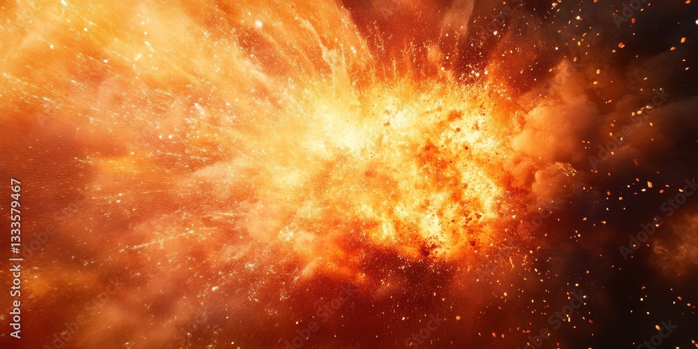 Poster fiery explosion: a captivating scene of a fiery explosion in space, bursting with intense heat and e