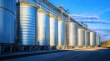 Row of Massive Grain Bins at Processing Plant in Clear Sky