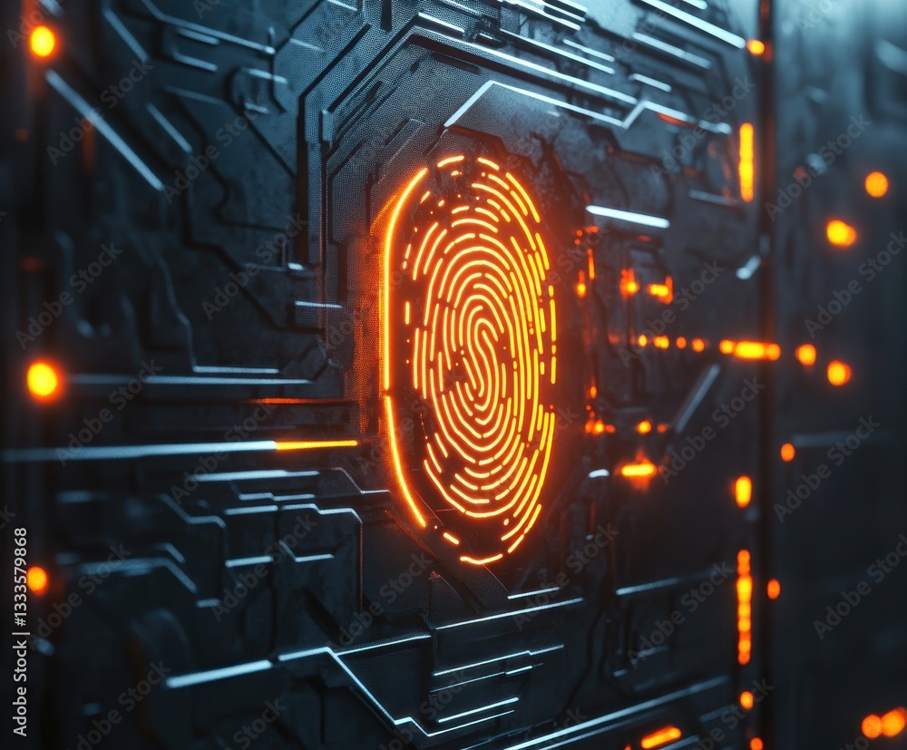 Poster digital fingerprint: a futuristic view of a glowing fingerprint set against a high-tech backdrop, re