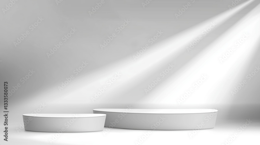 Poster Minimalist white background with soft shadows and sun rays creating a serene atmosphere. Ethereal lighting design in a high-resolution sunlit room, perfect for product display and branding concepts.