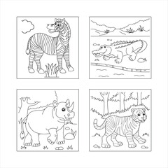 A fun set of striped animals featuring a zebra, tiger, and horse in a wildlife safari illustration