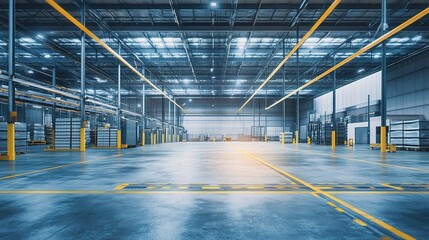 Fototapeta premium Spacious Warehouse Interior with Loading Ramps and Bright Lighting