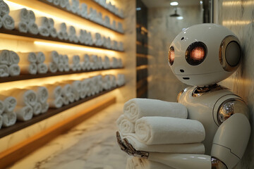 Fototapeta premium Humanoid robot meticulously folding clean white towels in a minimalist, serene spa bathroom with modern floating shelves, showcasing precision and gentle care
