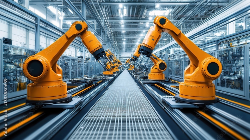 Poster autonomous robotic arms working on high tech factory floor