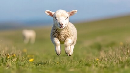 Obraz premium Fluffy White Lamb Leaping in a Green Field