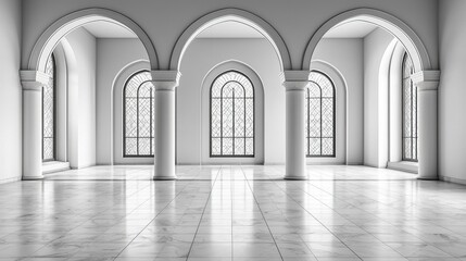 Elegant Interior Space with Arched Windows and Marble Floor in Modern Architectural Design