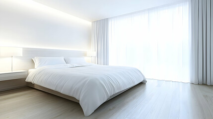 Fototapeta premium Modern minimalist bedroom, sunlight, hardwood floor, serene design, interior design