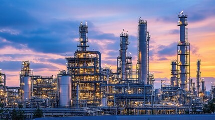 Obraz premium Twilight View of a Petrochemical Plant Under a Vibrant Sky