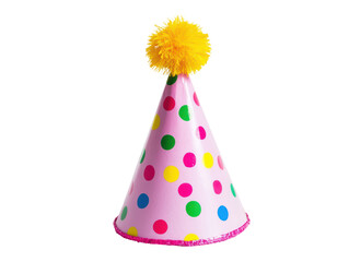 Isolated Pink Cone Party Hat with Colorful Polka Dots and Tinsel Trim