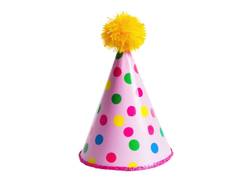 Isolated Pink Cone Party Hat with Colorful Polka Dots and Tinsel Trim