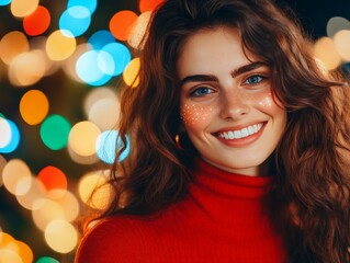 Fototapeta premium Happy brunette woman in red sweater standing in front of colorful glowing bokeh lights smiling with a vibrant and joyful expression
