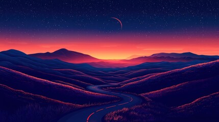 A winding road leads through the mountainous landscape at dusk