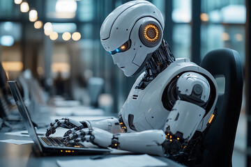 Humanoid Robot Engaged in Focused Work at a Modern Office Desk, Typing on Keyboard Amidst Papers, Laptop, and Sleek Workspace, Demonstrating Advanced Automation and Technology