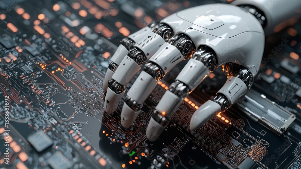 Poster a robotic hand interacting with an illuminated circuit board