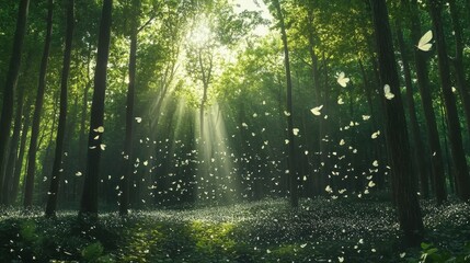 Obraz premium Enchanted Forest: A serene, dreamlike forest scene where light dances through the trees, with butterflies fluttering around and adding to the mystical atmosphere.