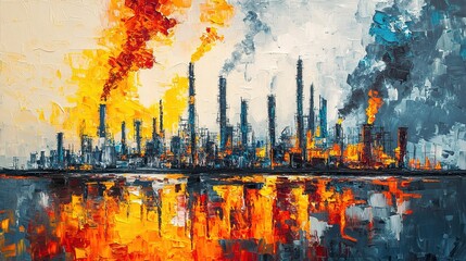 Oil and Gas Refinery Facility in Full Operation with Dramatic Smoke