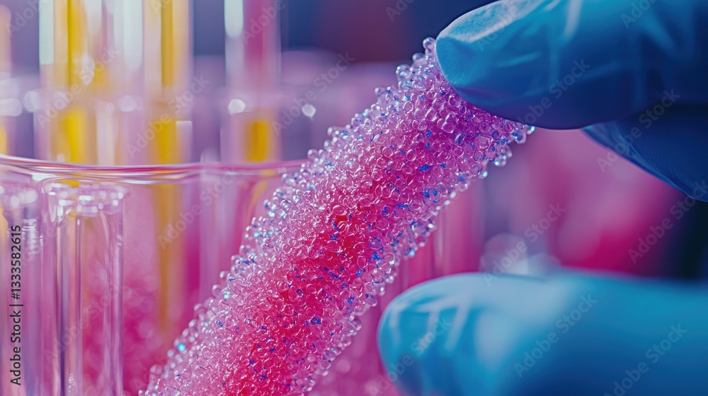 Poster a scientist in a lab examining a colorful test sample