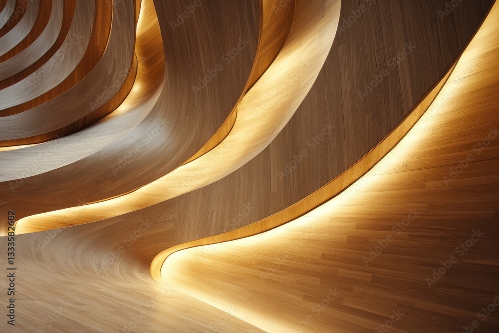 Poster wood wave tunnel: captivating architectural detail with a seamless wave pattern carved from warm woo