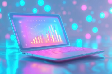 Laptop displaying vibrant bar and line graphs, showcasing data analysis and business insights in a futuristic setting.