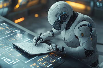 Fototapeta premium Humanoid Robot's Digital Productivity: Navigating Virtual Charts and Futuristic Office Tasks on a Glowing Notepad in a Minimalist, High-Tech Workspace Setting