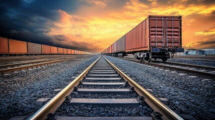 Obraz premium Massive Cargo Containers at Railway Hub Under Dramatic Sunset