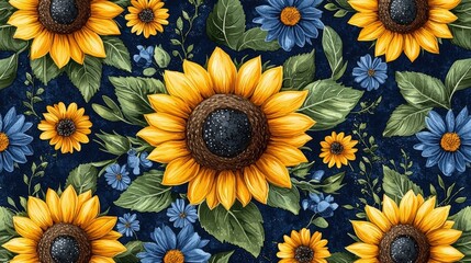 Vibrant Sunflowers and Blue Flowers Pattern on Dark Background for Design Projects