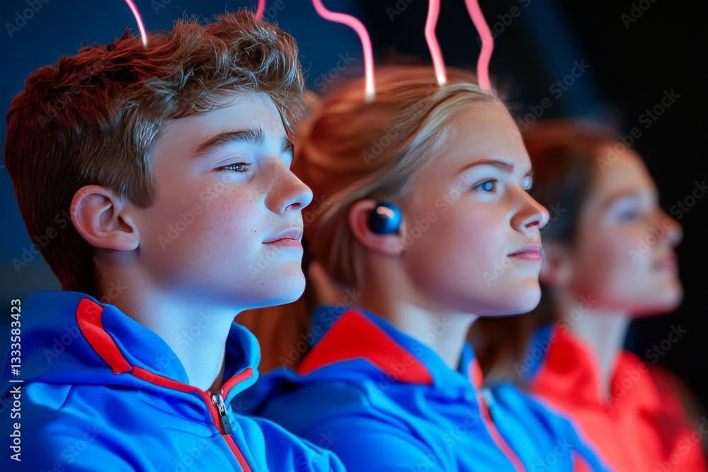 Aufkleber group of young people wearing futuristic augmented reality devices with digital neural visuals repre