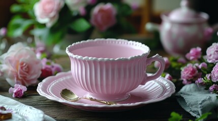 Fototapeta premium Pink teacup, roses, and tea set on a wooden table