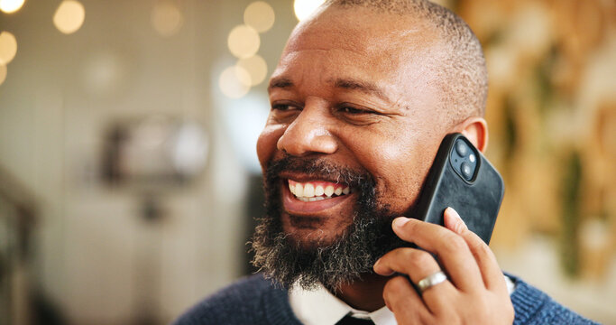 Happy, black man or conversation with phone call at hotel for communication or friendly chat. Mature, male person or smile on bokeh with mobile smartphone for discussion, check in or space at resort