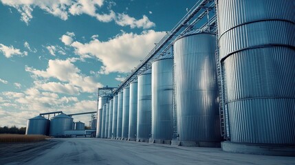 Massive Grain Bins at a Processing Plant Under a Blue Sky