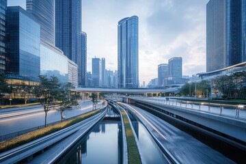 Fototapeta premium Urban Skyline and Infrastructure: A captivating shot of modern architecture featuring an elegant cityscape with tall skyscrapers and intricate transportation infrastructure.