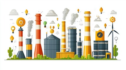 Naklejka premium Modern Industrial Landscape with Factories, Smokestacks, and Wind Turbines Illustrating Energy
