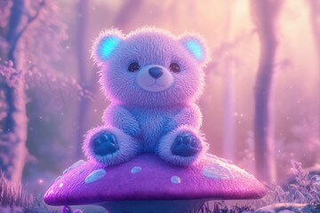Fototapeta premium A fluffy teddy bear with glowing ears sits peacefully atop a luminous purple mushroom in a dreamy forest.