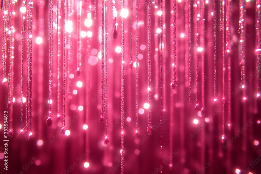 Poster sparkling pink strands cascading with bokeh light and shimmering glitter
