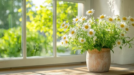 White Daisies in Speckled Pot on Sunny Windowsill
