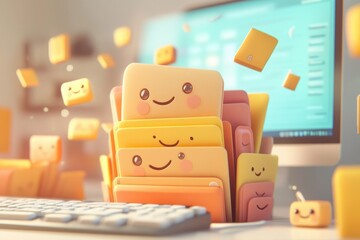 Smiling file folders on a desk near a computer, symbolizing organized digital files.