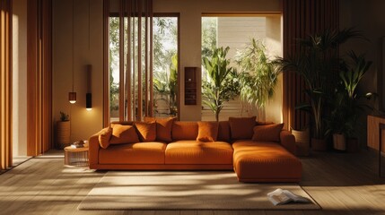 Modern, orange sectional in sunlit living room