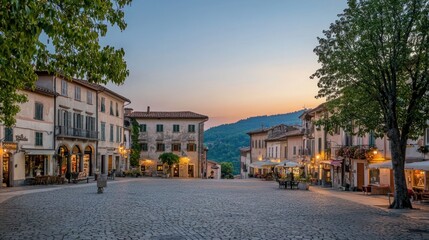 A historic town square with cobblestone streets and classic European architecture.