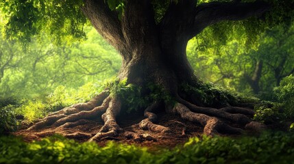 Ancient Roots in the Verdant Woods: A towering, ancient tree, its robust roots embracing the earth, stands proudly in a lush, vibrant forest. The scene evokes a sense of timelessness.