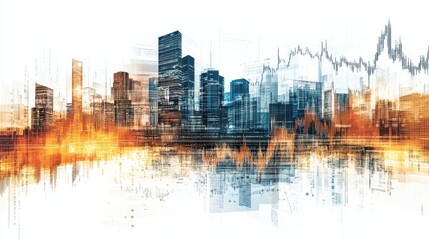 Fototapeta premium A modern cityscape overlaid with abstract forex charts, all isolated on a white background.